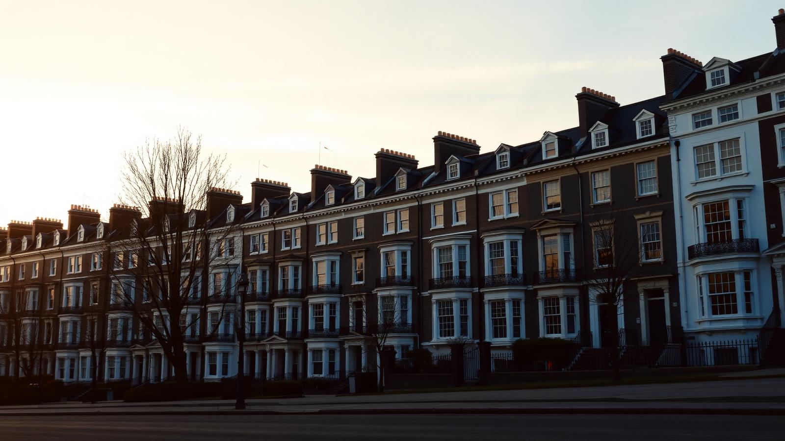 A row of British townhouses at dusk